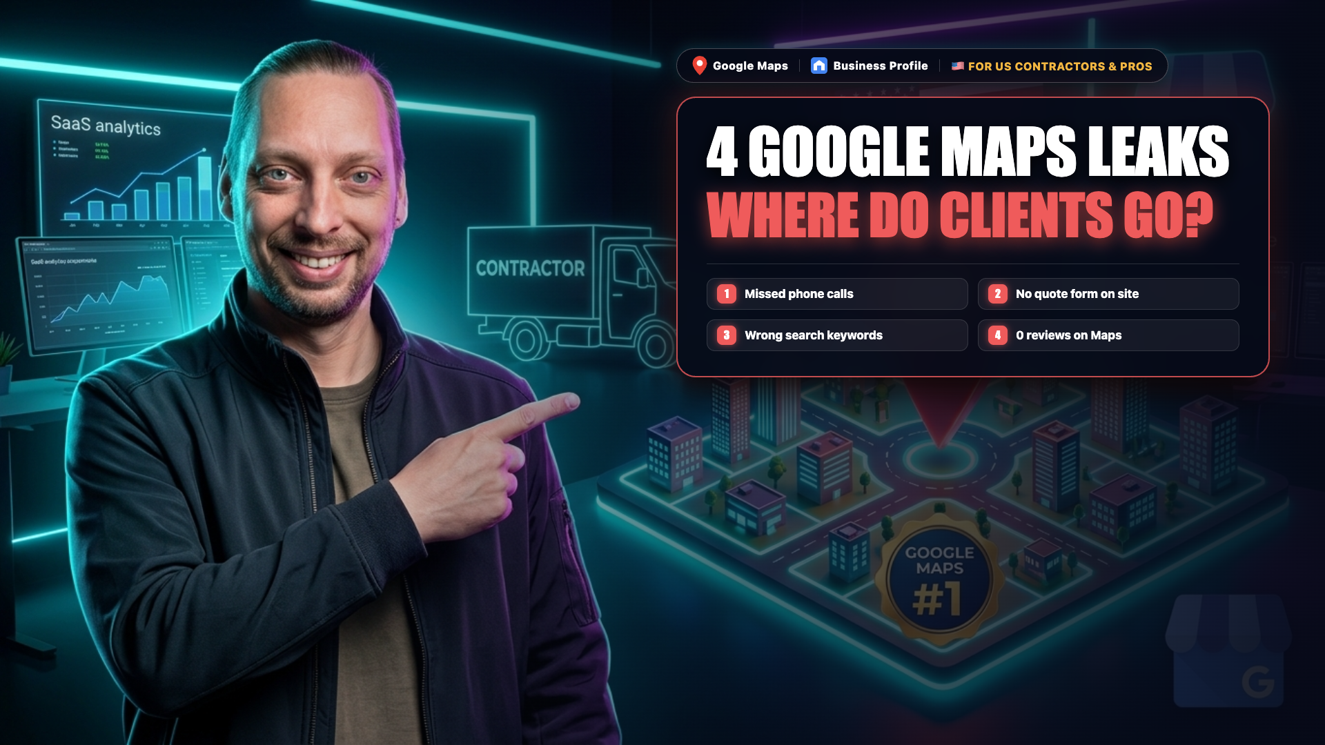 4 Holes in a Contractor's Google Maps Funnel: Ievgen Kovalevskyi pointing to a Google Maps lead leak dashboard for US contractors
