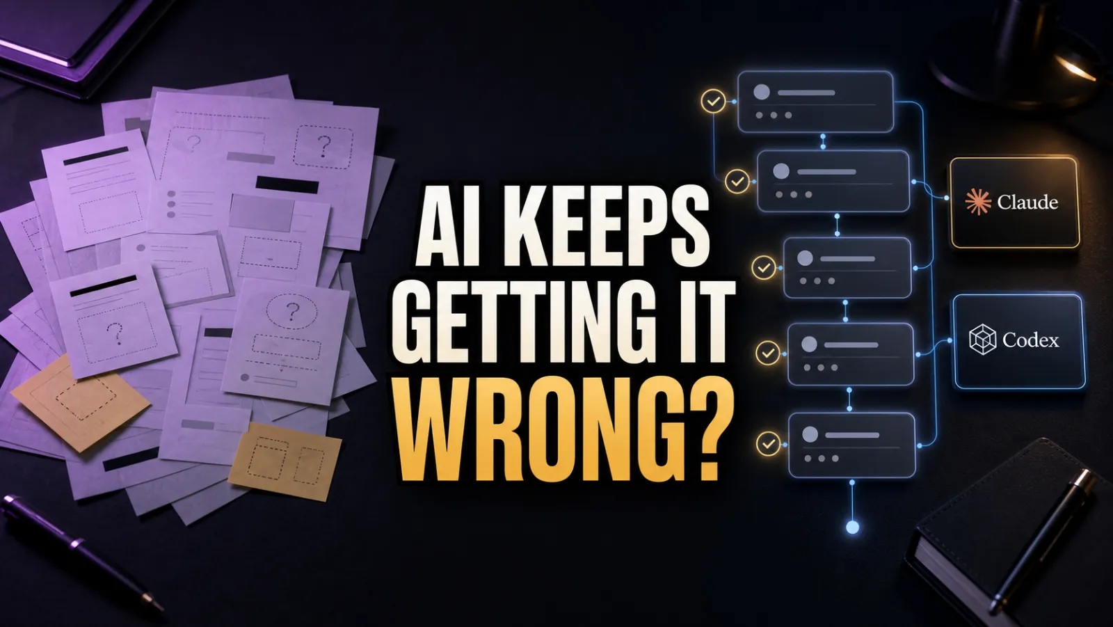 Dark workspace with an incomplete brief, structured AI interview flow, and the headline AI KEEPS GETTING IT WRONG?
