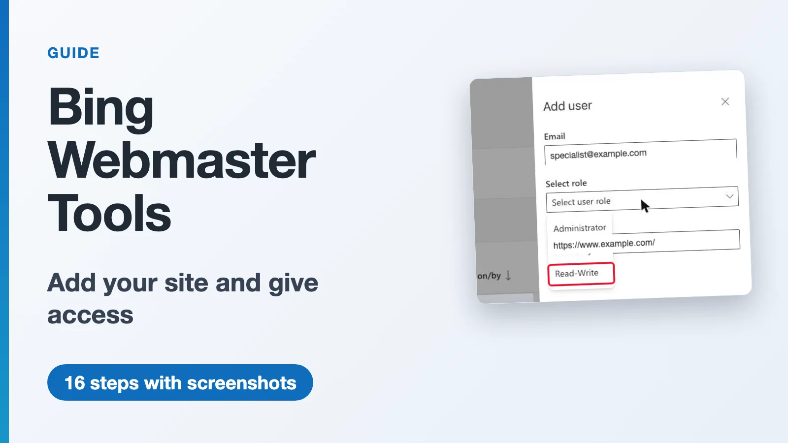 Guide to adding a site to Bing Webmaster Tools and giving a specialist access: add-user panel with the Read-Write role selected