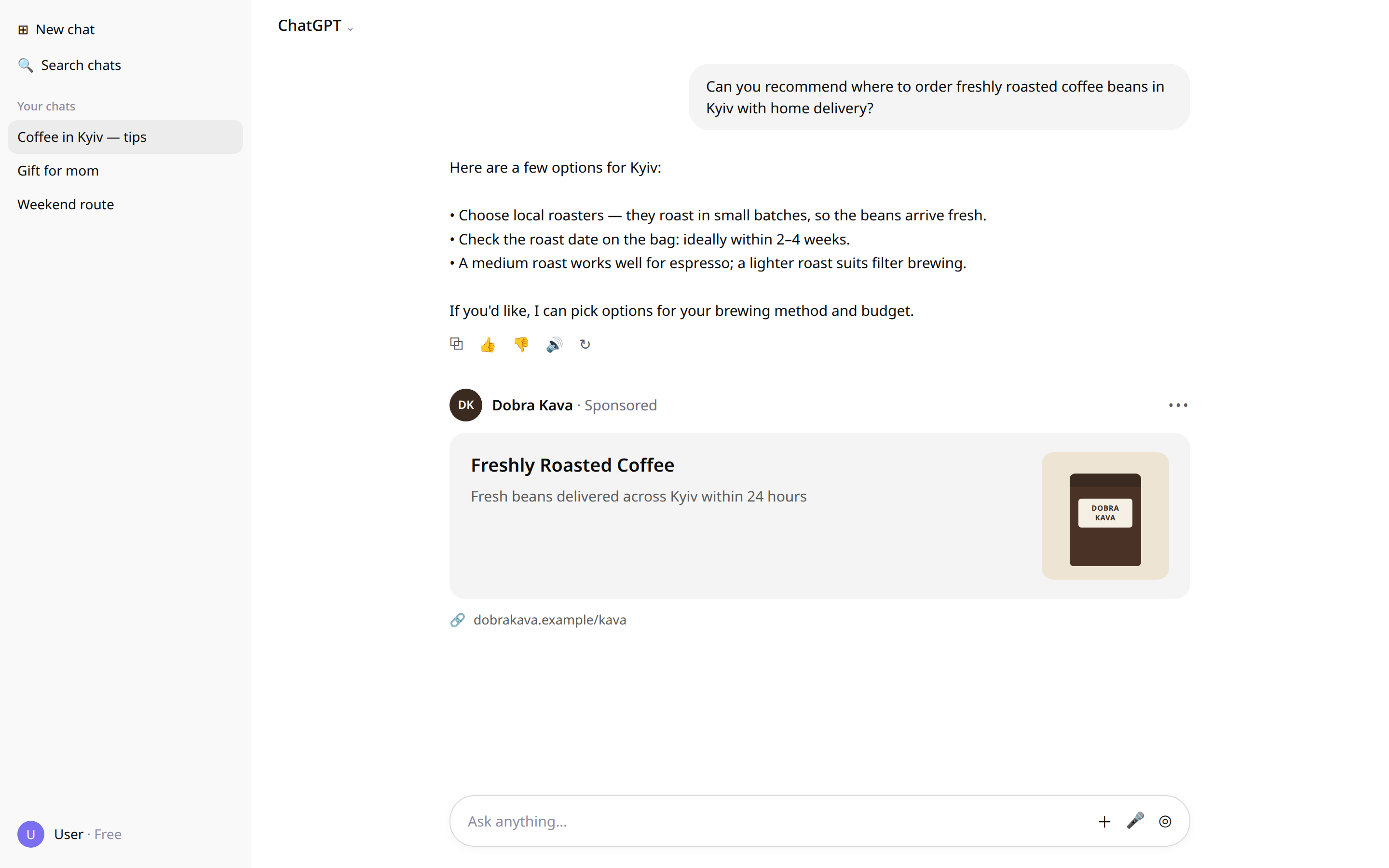 an ad in ChatGPT through the user's eyes (example, English version of the M-07 frame): an answer in English, and below it a separate ad block from a business with the Sponsored label, favicon, title, description and a square photo