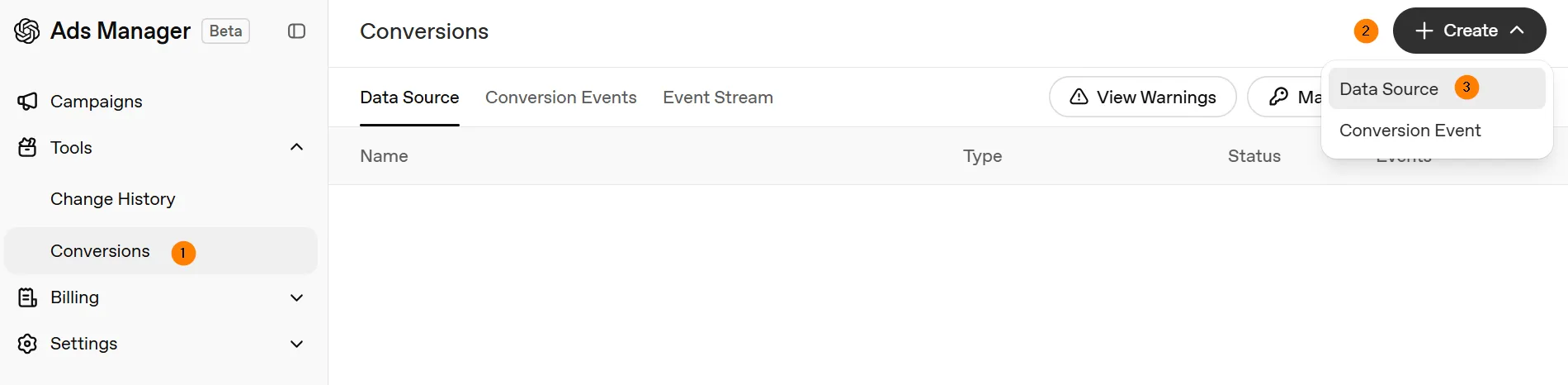 where tracking starts — the Conversions section and the Create button