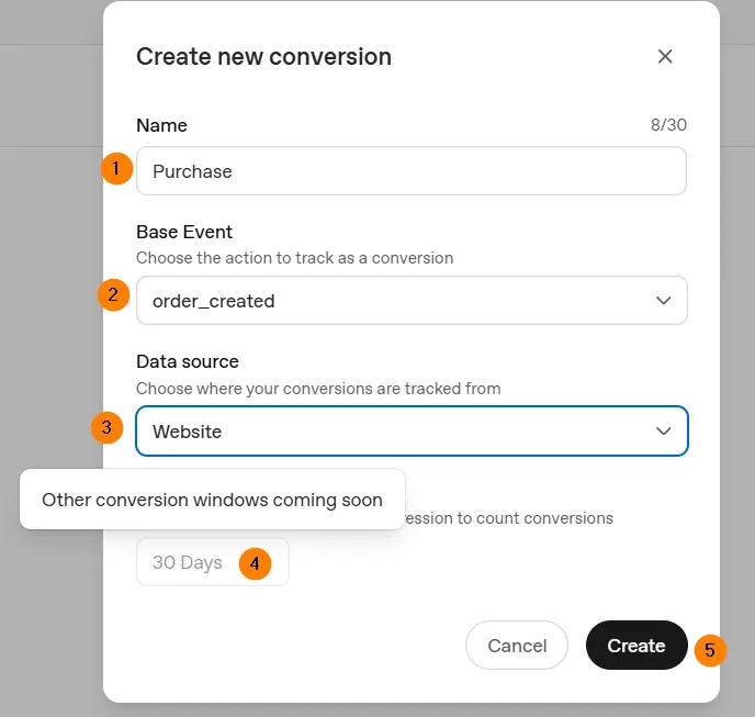 event settings: name, type, data source, and the 30-day window