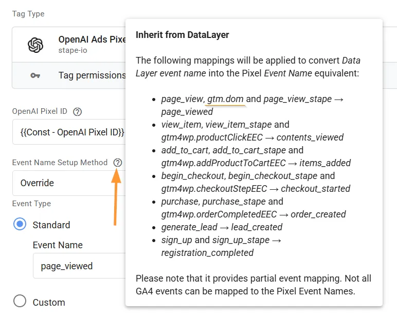 why we pick Override: under Inherit, a page view is tied to dataLayer events, not to the Page View trigger