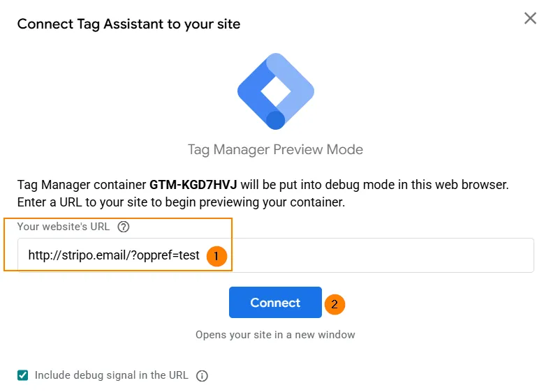 Preview in GTM: open the site with ?oppref=test