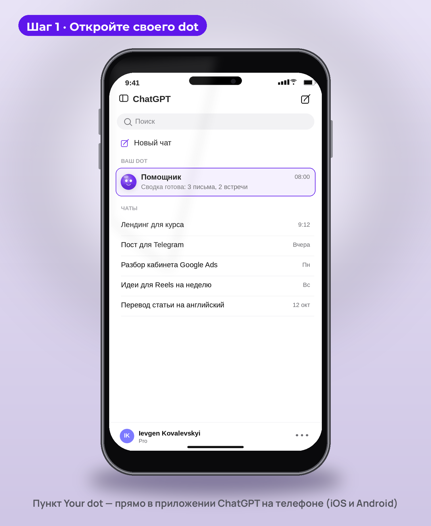 Шаг 1 — пункт Your dot в приложении ChatGPT