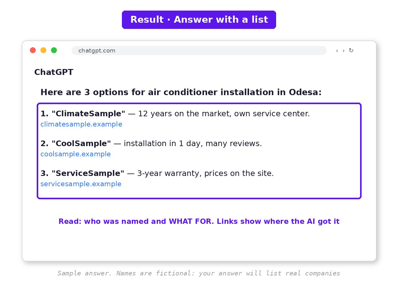 ChatGPT answer with a list and links