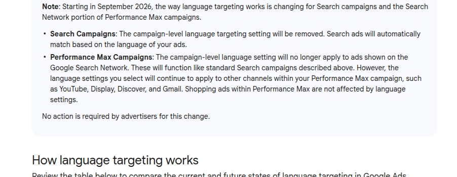Скриншот справки Google Ads: примечание об удалении настройки таргетинга по языку с сентября 2026 года