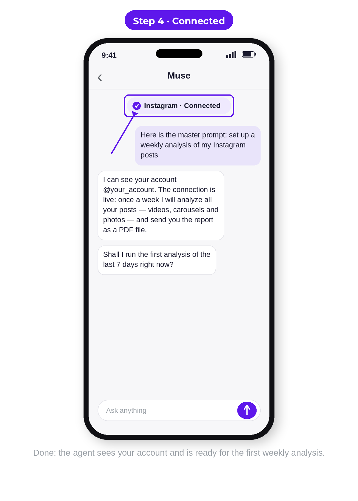 Mockup: Instagram connected to Muse, the agent names your account and offers the first run