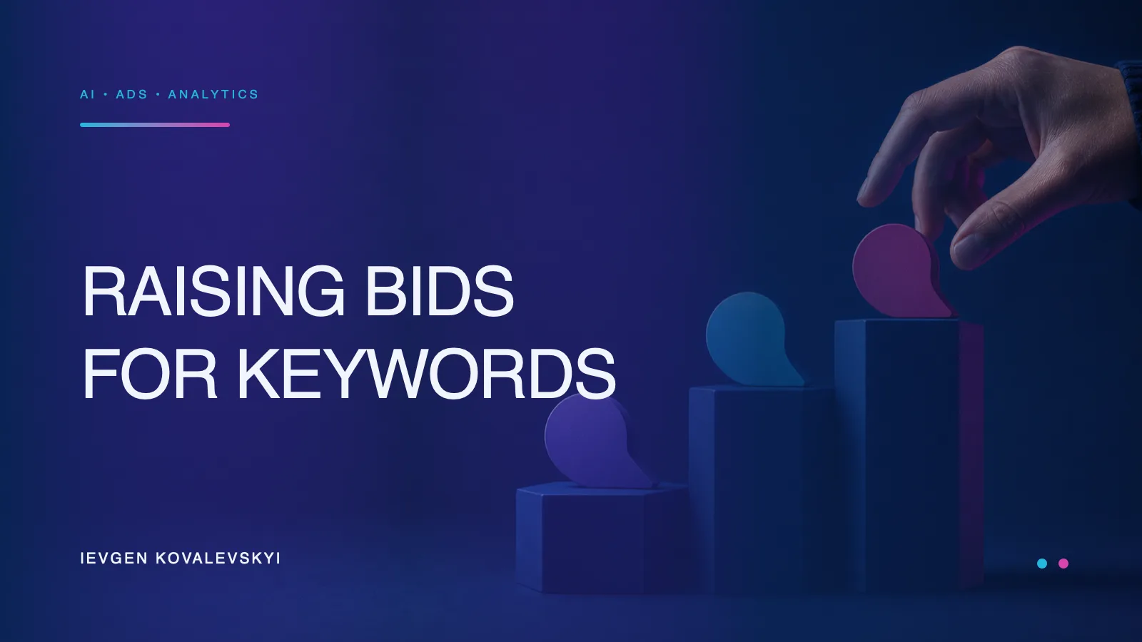 Three abstract keyword tokens rest on columns of different heights.
