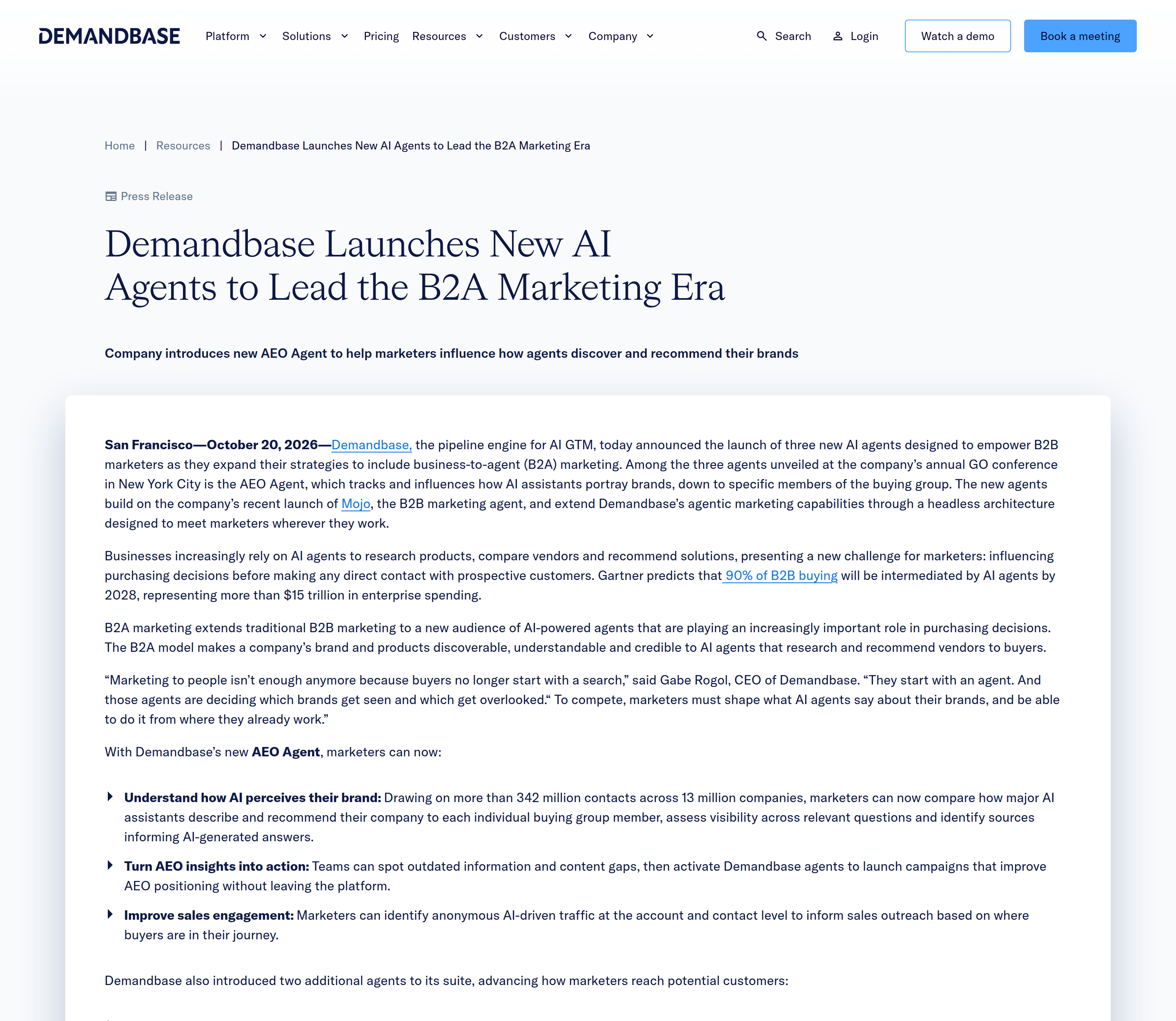 Demandbase press release of October 20, 2026: "Demandbase Launches New AI Agents to Lead the B2A Marketing Era" — the launch of three AI agents and AEO Agent