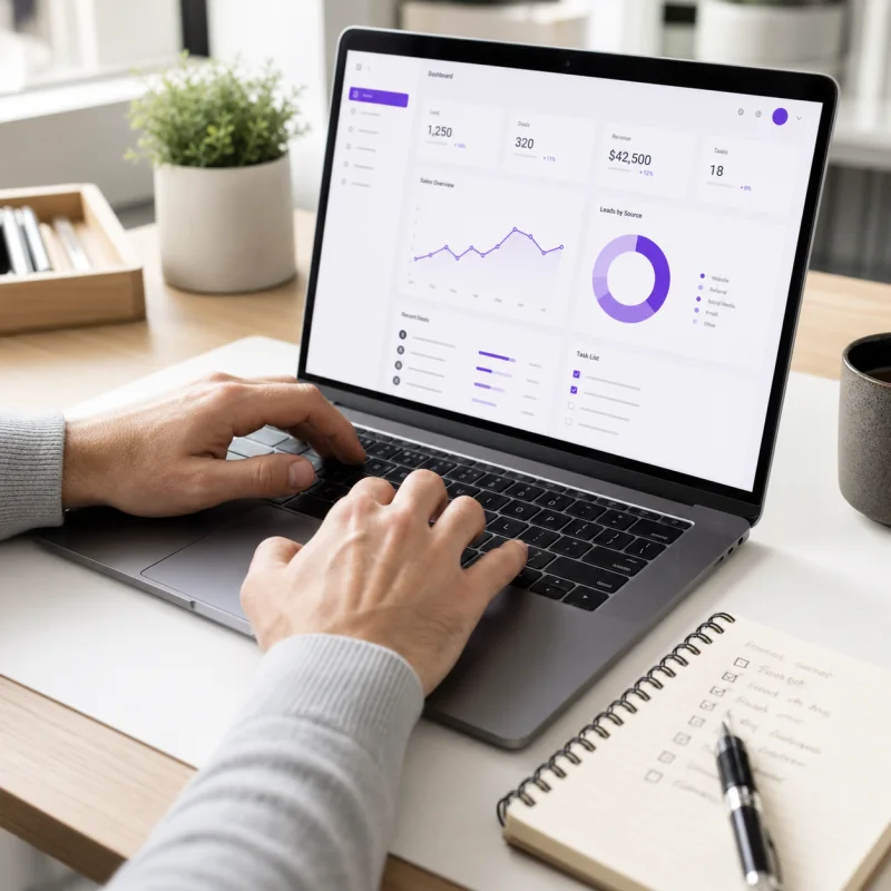 Ноутбук із CRM-дашбордом і нотатник з чек-листом на робочому столі