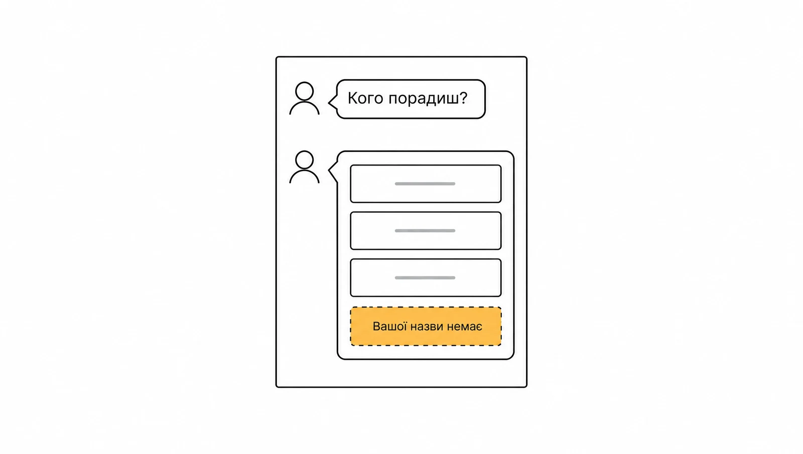 Схема: людина питає чат «Кого порадиш?», у відповіді три назви, а на місці Вашої назви порожній жовтий слот